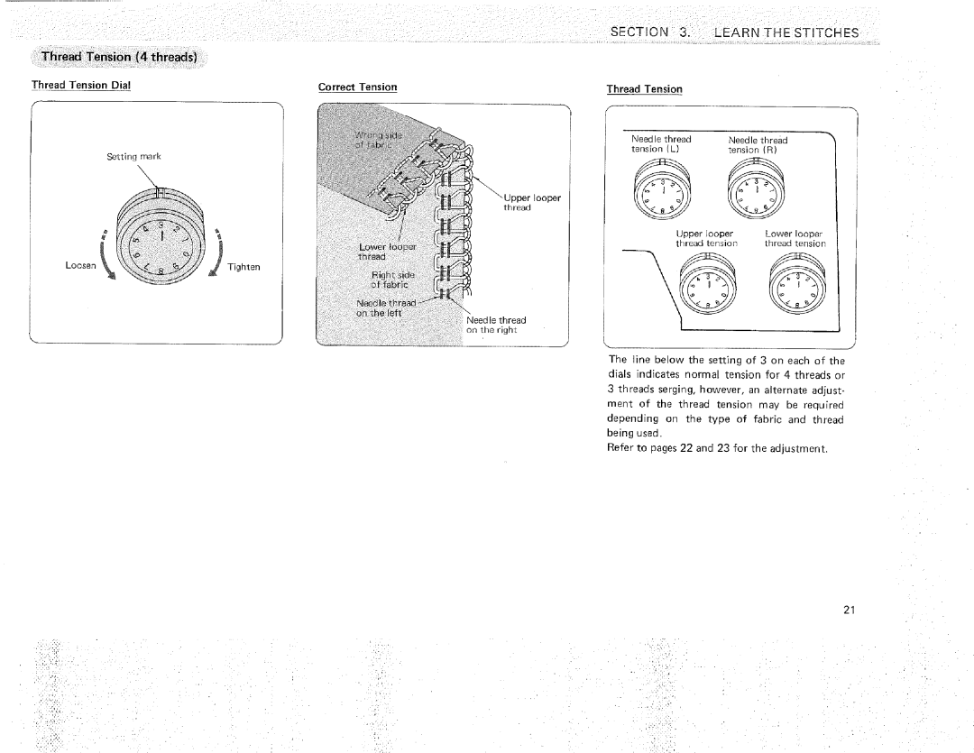 Sears 385.16631 owner manual Learn the Stitches, Thread Tension 4 threads, Thread Tension Dial Correct Tension 