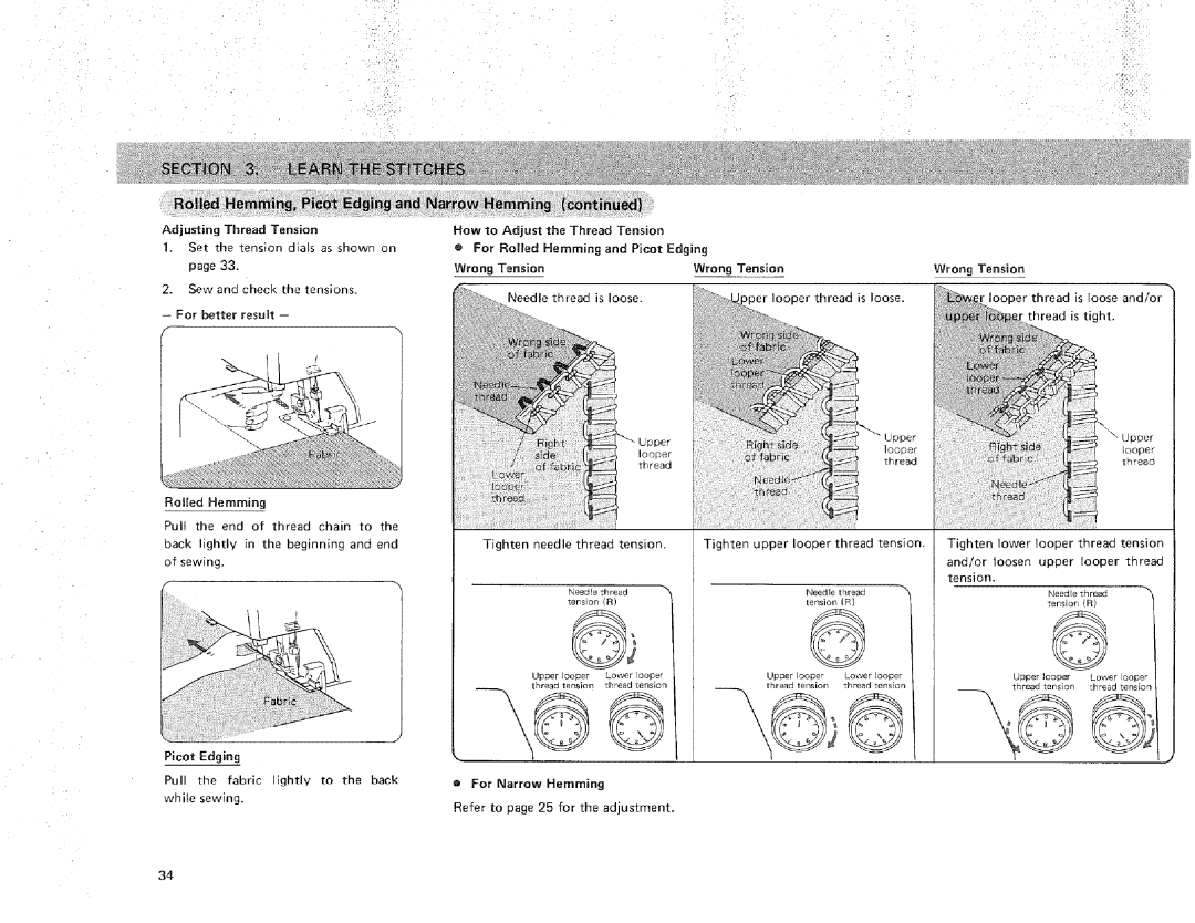 Sears 385.16631 owner manual ¸i!i, For Roiled Hemming and Picot Edging Wrong Tension 