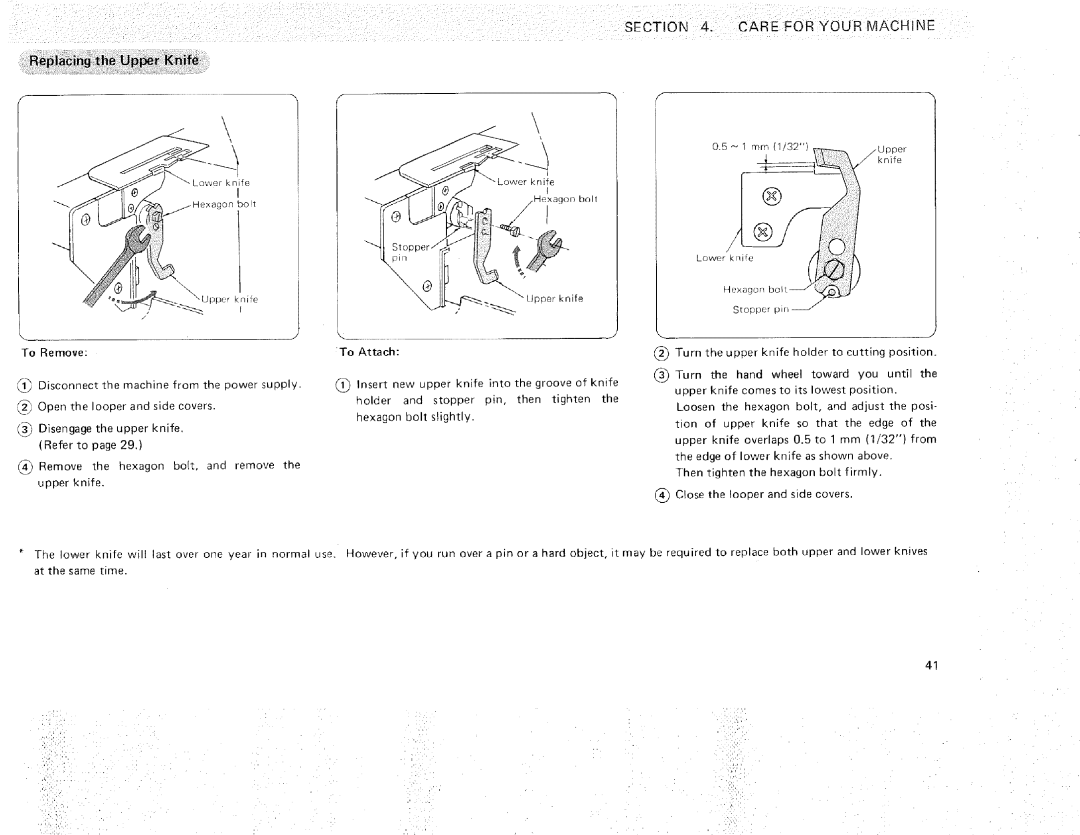 Sears 385.16631 owner manual Care for Your Machine, Replacing the Upper Knife 