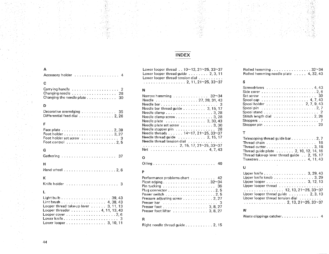 Sears 385.16631 owner manual Index, Carrying Handle Changing Needle Needle plate 