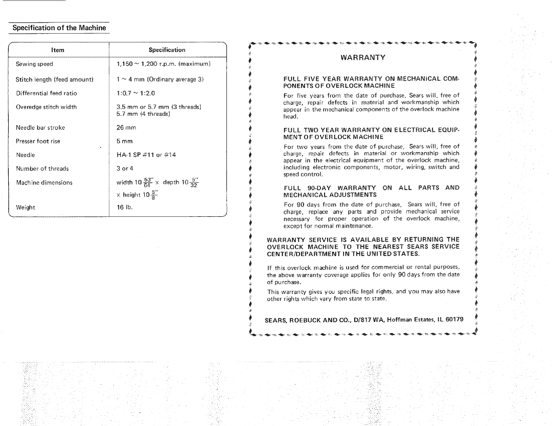 Sears 385.16631 owner manual Specification of the Machine, Warranty 