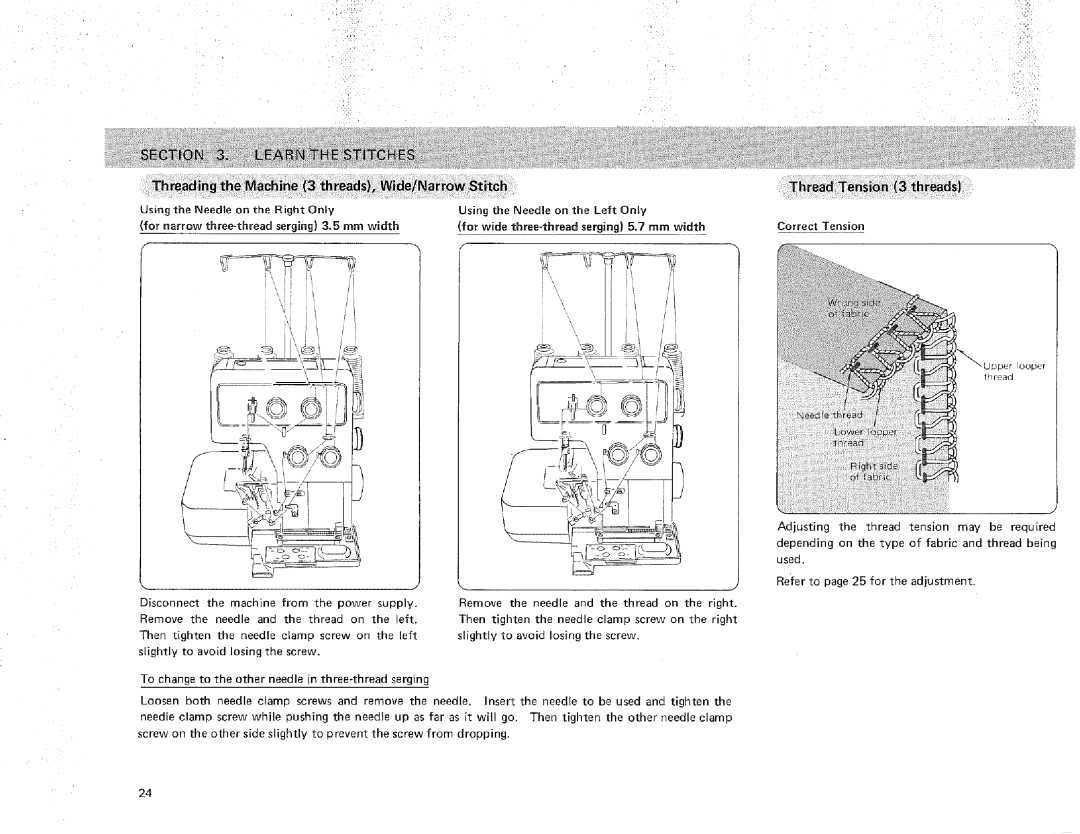 Sears 385.16631 owner manual Threading the Machine 3 threads Wide/Narrow Stitch, Using the Needle on, the Left, serging 