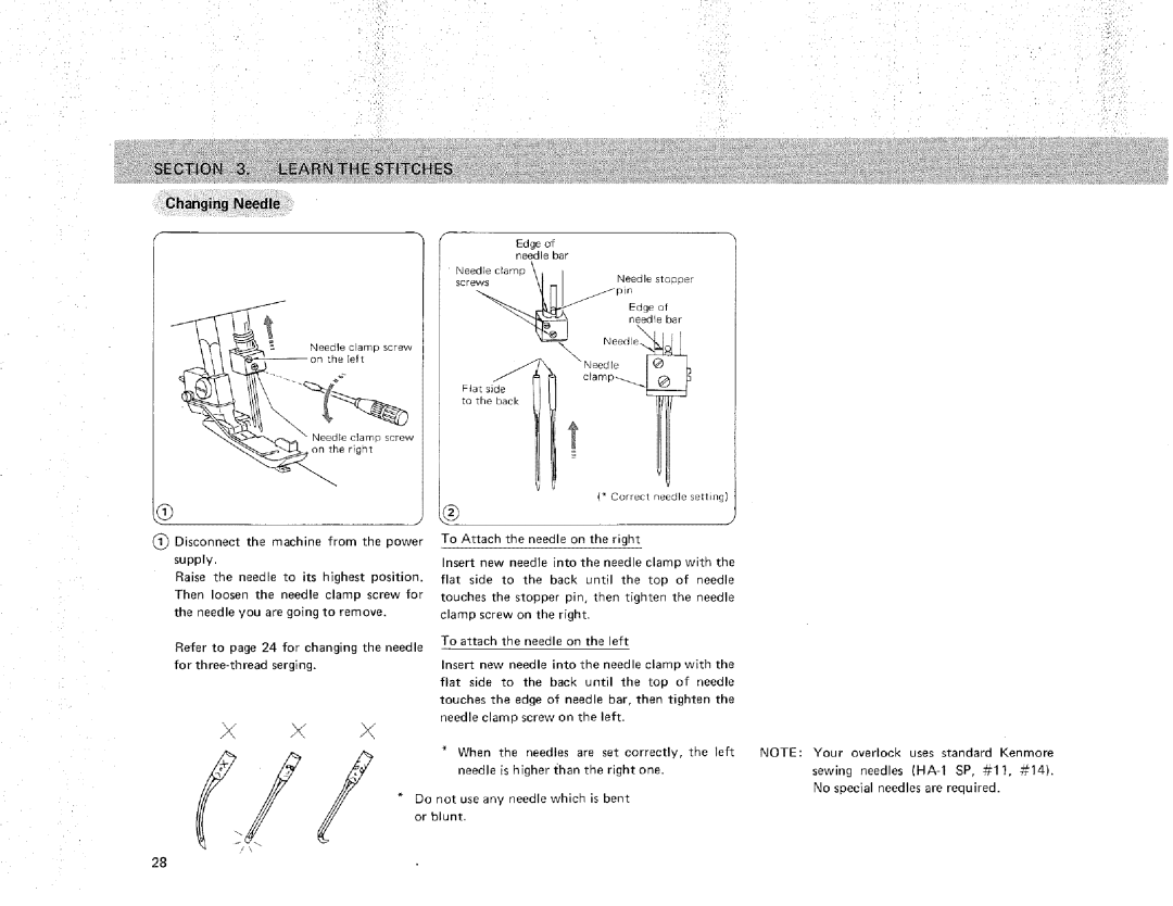 Sears 385.16631 owner manual NOTE Your, overlock, uses standard Kenmore, sewing, needles, HA-1 SP, #11, #14 