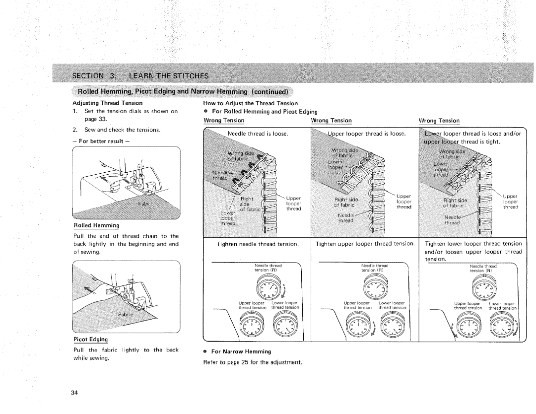 Sears 385.16631 owner manual i¸i!i, o For Roiled Hemming and Picot Edging, Wrong Tension 