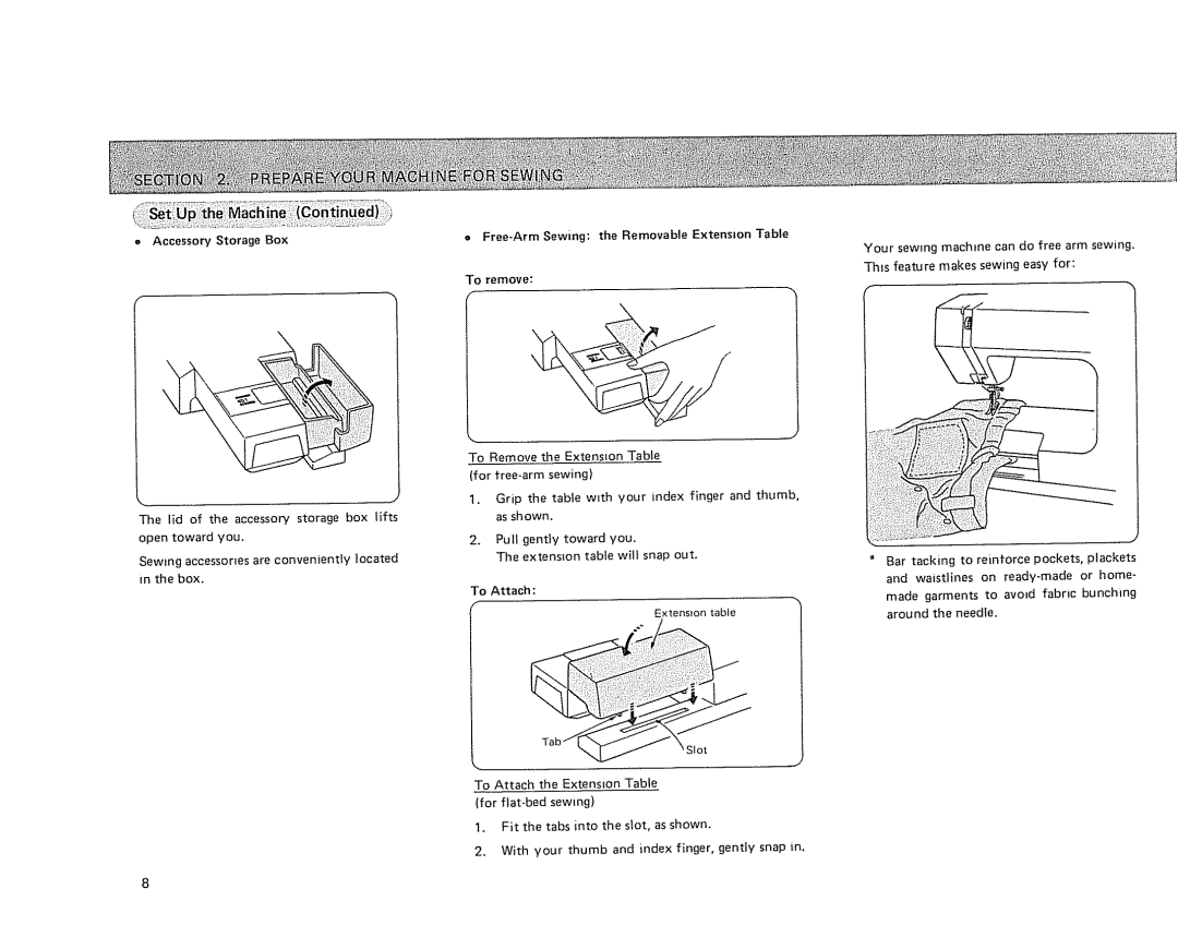 Sears 385.17724 owner manual AccessoryStorage Box, Free-Arm Sewing the Removable Extension Table To remove 