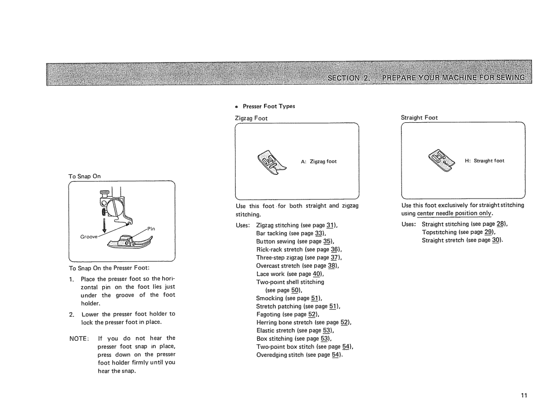 Sears 385.17724 owner manual Presser Foot Types, Zigzag Foot 