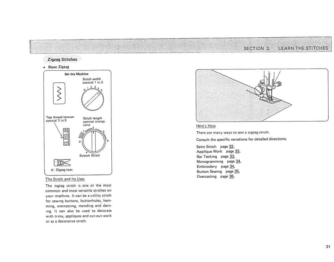 Sears 385.17724 owner manual Basic Zigzag, Control I to 