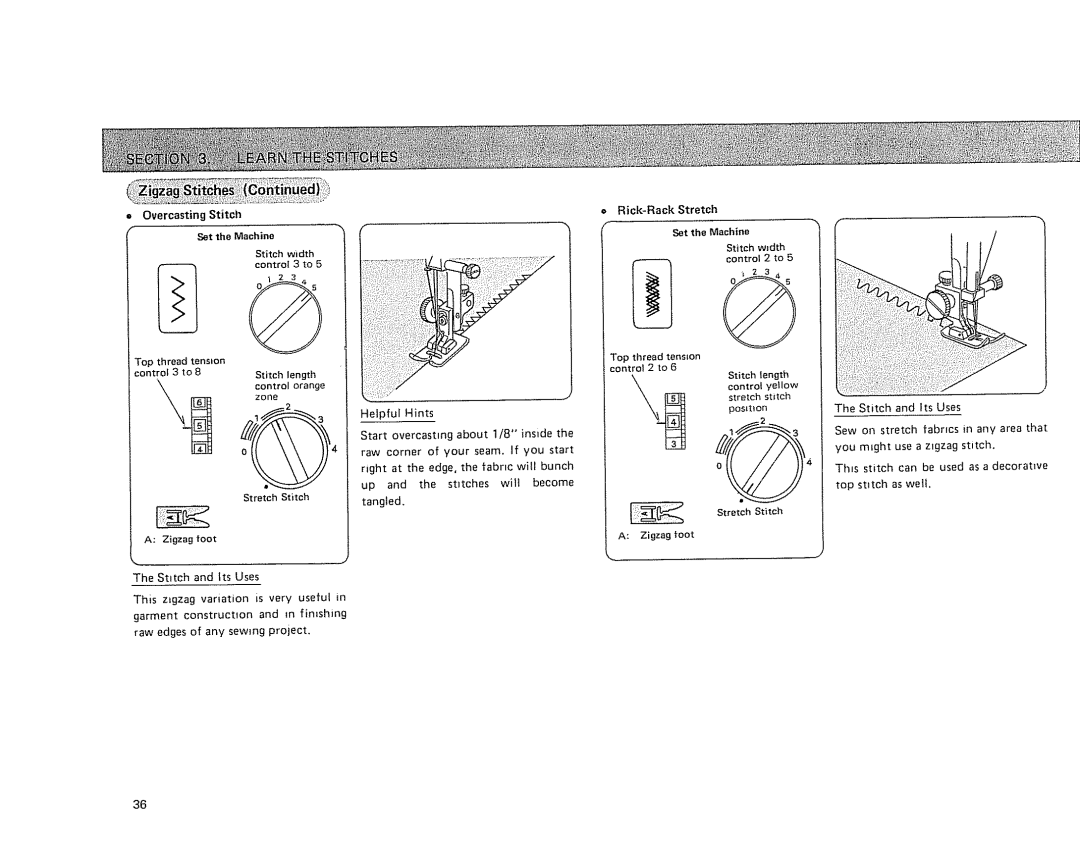 Sears 385.17724 owner manual = Overcasting Stitch, Control 3 to, Top thread tension Contro! 3 to, Hints 