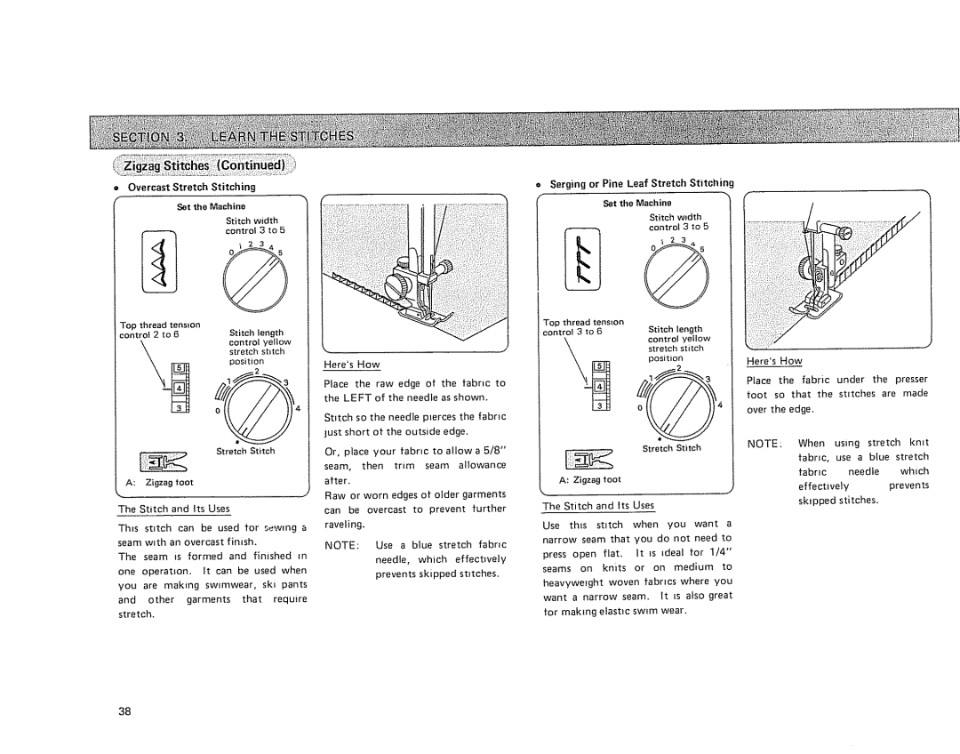 Sears 385.17724 Overcast Stretch Stitching Set the Machine, Control 2 to 6Stitch tength controt yellow stretch st=tch 