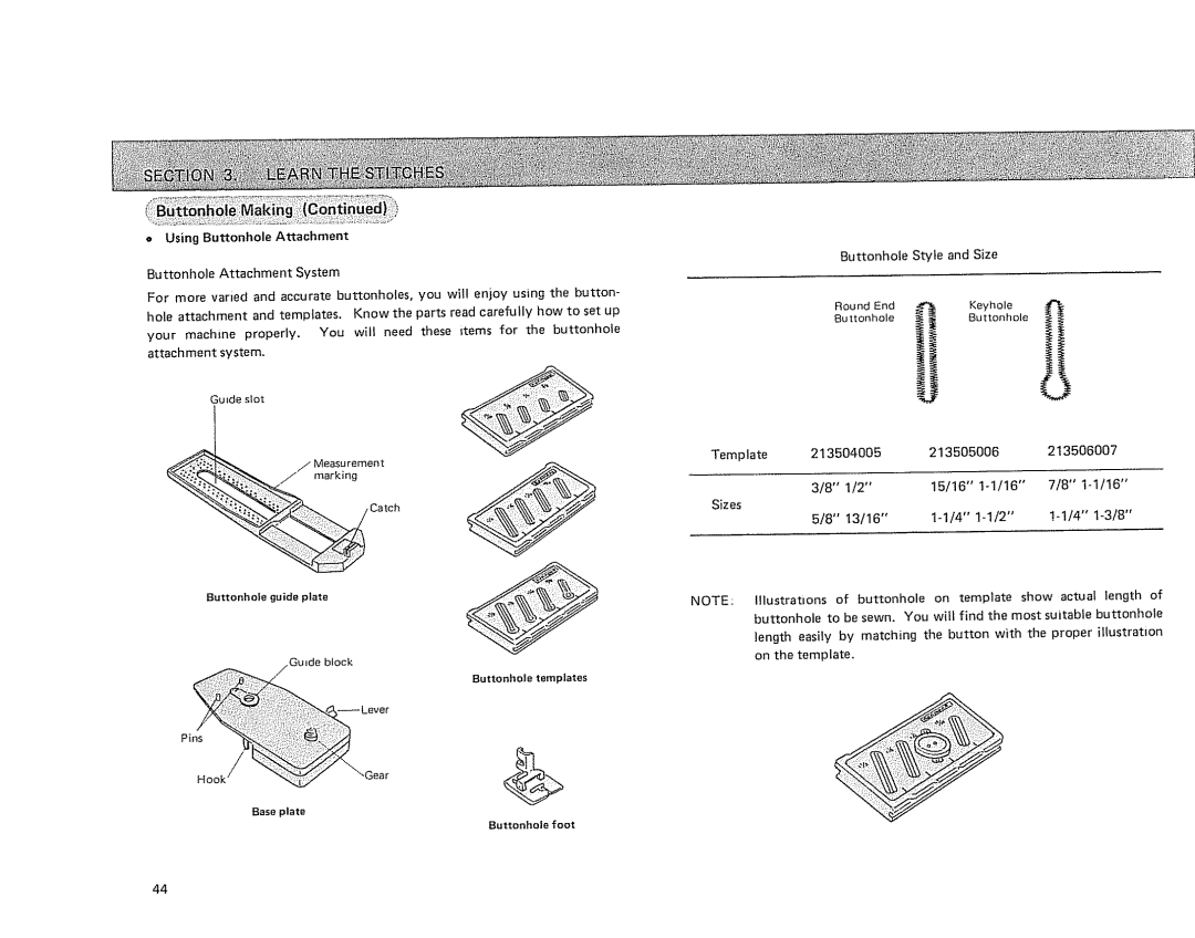 Sears 385.17724 Using Buttonhole Attachment, Buttonhole Style and Size, Template 213504005 213505006 213506007 318 112 