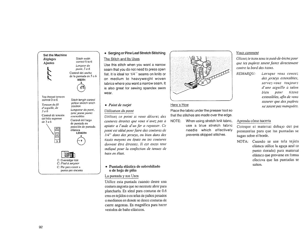 Sears 385.1883 manual Serging or Pine Leaf Stretch Stitching, Utitisatton du potnt 