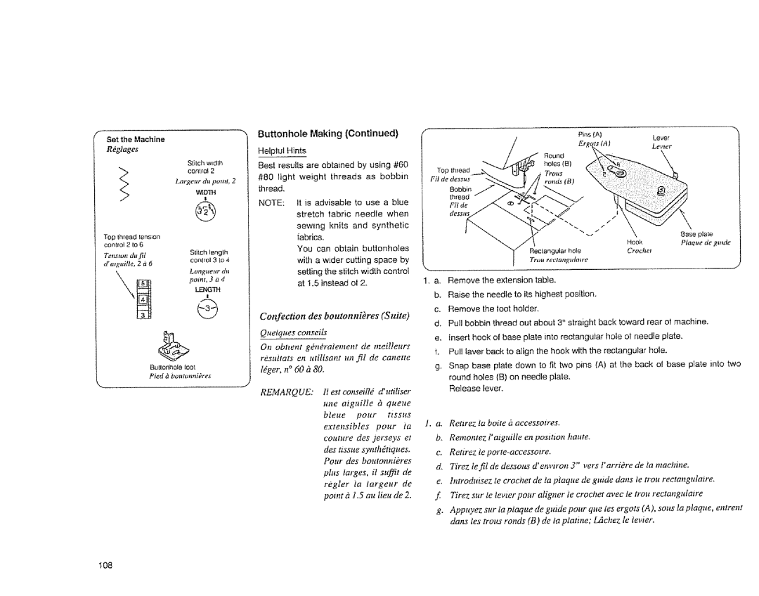Sears 385.1883 manual Confection des boutonniOres Suite, 108 