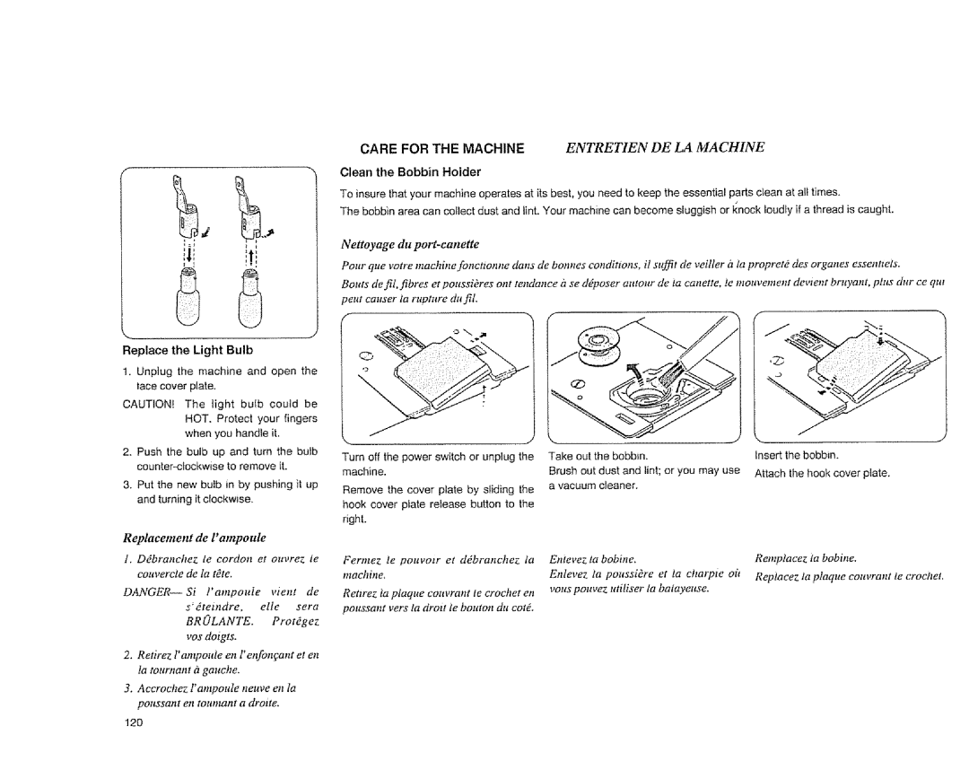 Sears 385.1883 manual Clean the Bobbin Holder, Replacement de l ampoute, 120 