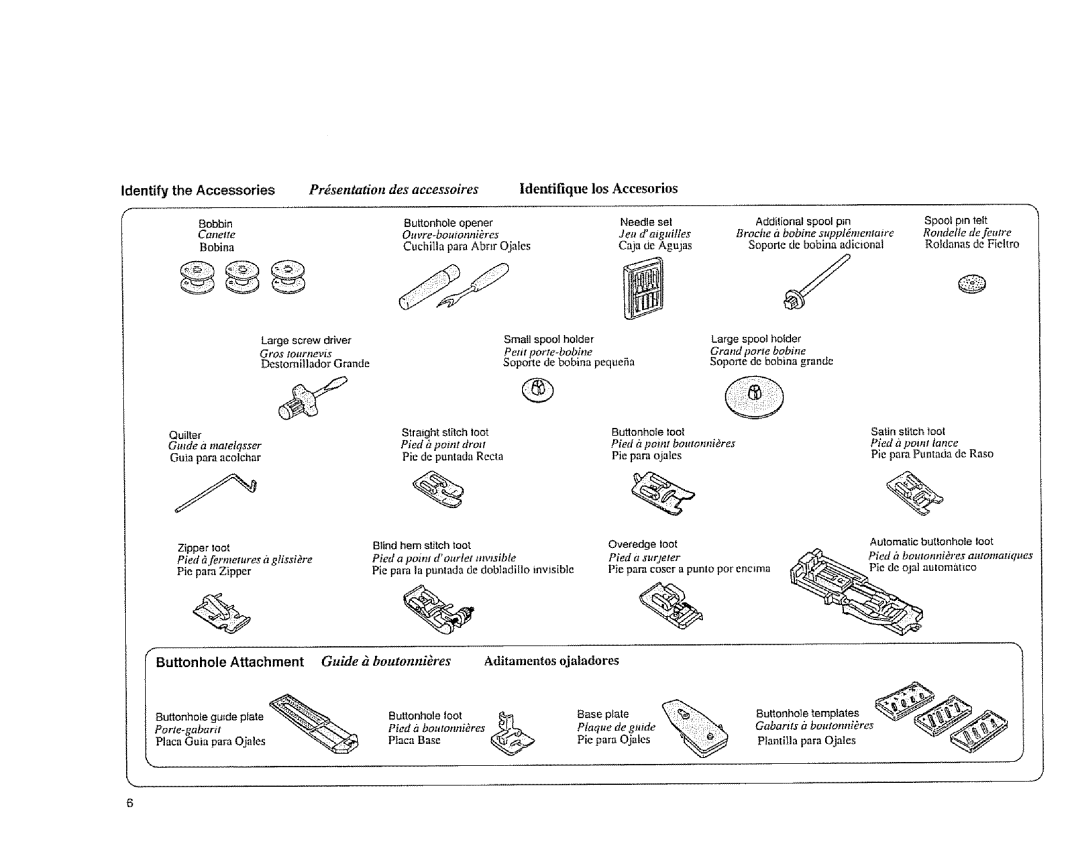 Sears 385.1883 manual Ldentifique, Los Accesorios, Aditamentos ojaladores 