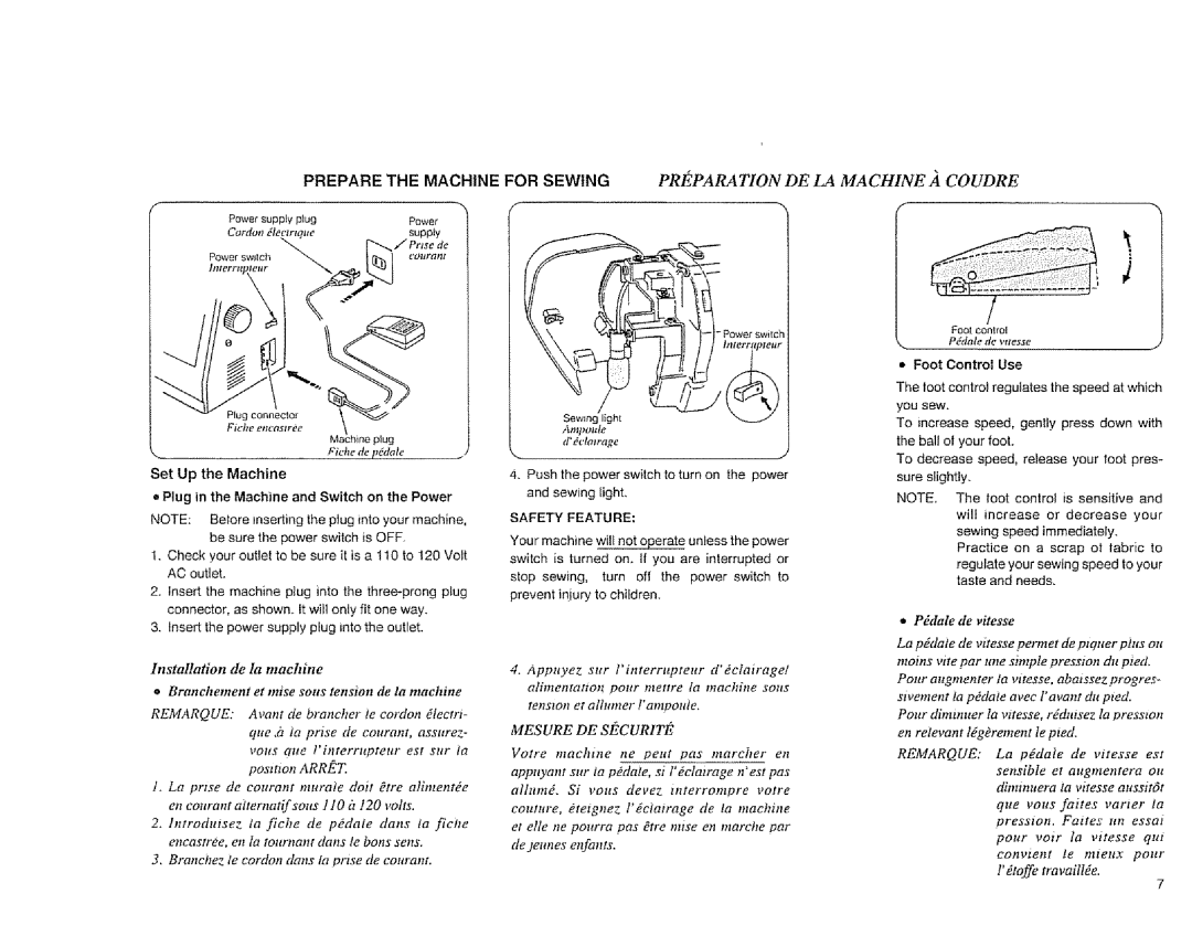 Sears 385.1883 manual La machine, Ampoule, Push the power switch to turn on the power and sewing light, Pddale de vitesse 