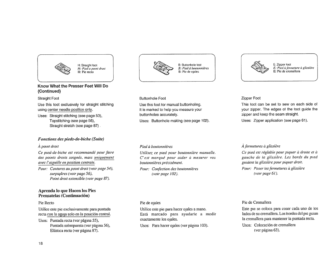 Sears 385.1883 manual Aprenda Io que Hacen los Pies, Prensatelas Continuaci6n, Know What the Presser Feet Will Do 