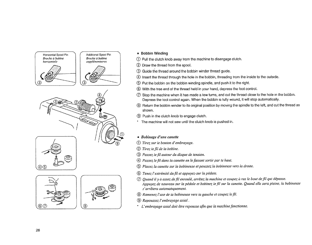 Sears 385.1883 manual Draw the thread from the spool, Bobinage Dune Canette Tirez sur te bouton dembrayage 