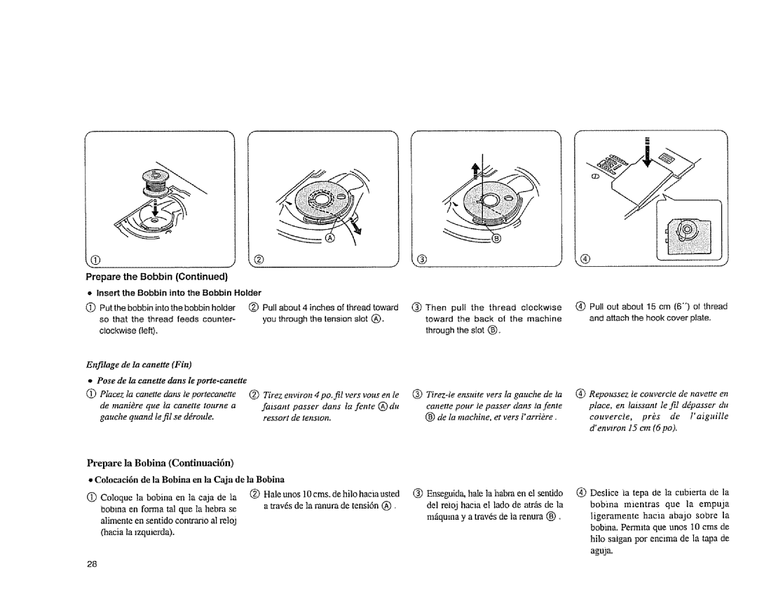 Sears 385.1883 manual Prepare la Bobina Continuaci6n, Prepare the Bobbin Insert the Bobbin into the Bobbin Holder, En le 