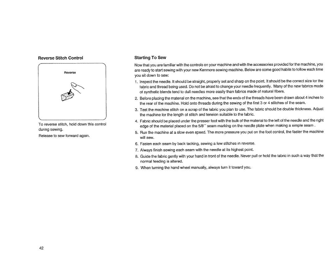 Sears 385.1883 manual Reverse Stitch Control 