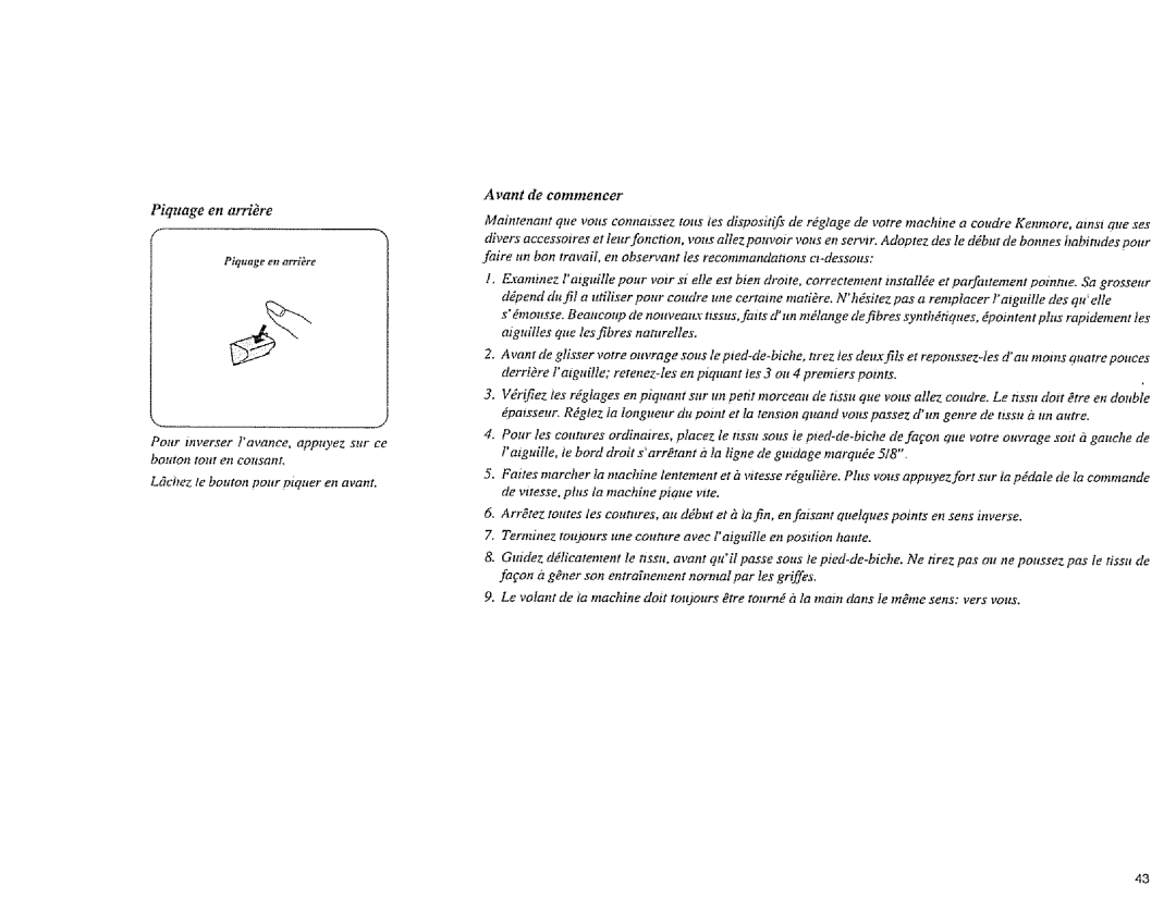 Sears 385.1883 Avant de commencer, Piquage en arrire, Bottton tont en cousant, Ltehez le botttot pottr piquer en avant 