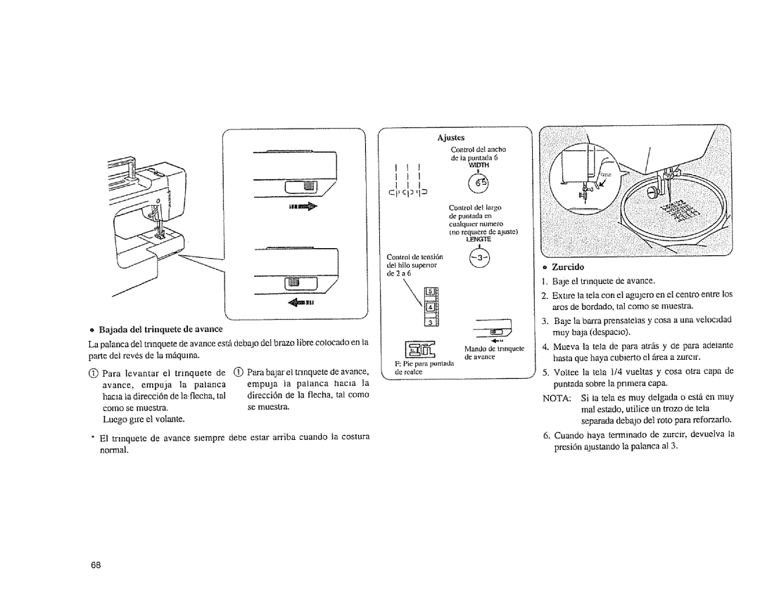 Sears 385.1883 manual Ajustes, Cp ¢i, Zurcido Baje el trinquete de avance, Bajada del trinquete de avarice 