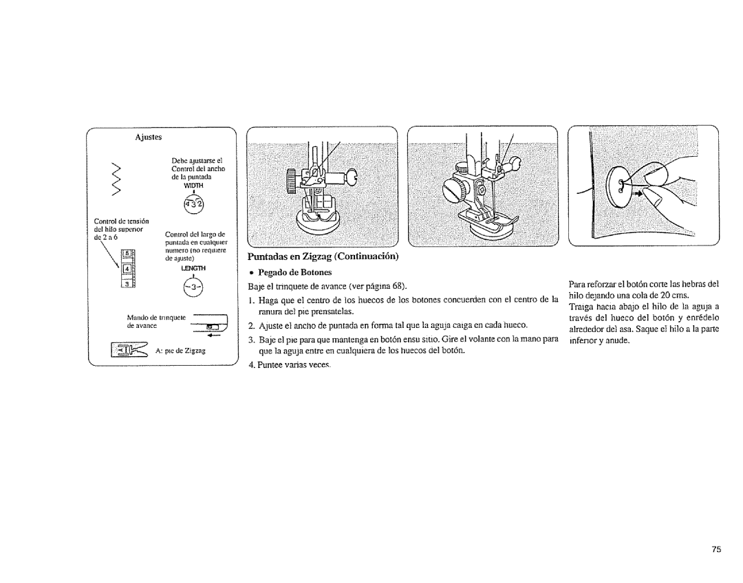 Sears 385.1883 manual Puntadas en Zigzag Continuaci6n, Pegado de Botones 