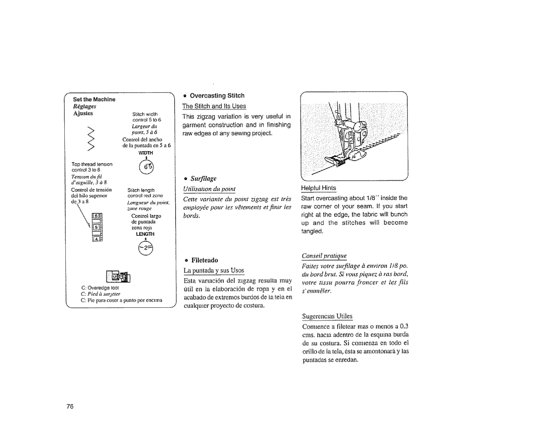 Sears 385.1883 manual Controi del ancho, WlDIH, Control largo de puntada, Overedge tool, Pied &suqeter 