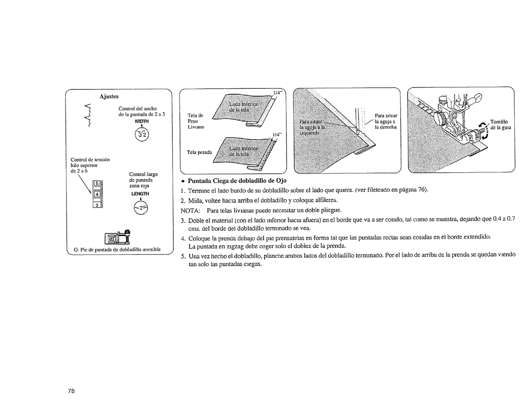 Sears 385.1883 manual Ajustes Controldelancho, De apuntada de 2 a 3 WilDIH, La dereeha, Puntada Ciega de dobladillo de Ojo 