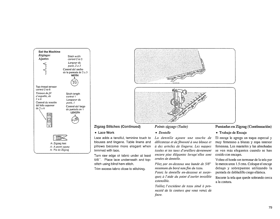 Sears 385.1883 manual Points zigzags Sure Dentelle, Largeur du, Control de ancho, De puntada ent, Pie de Zigzag 