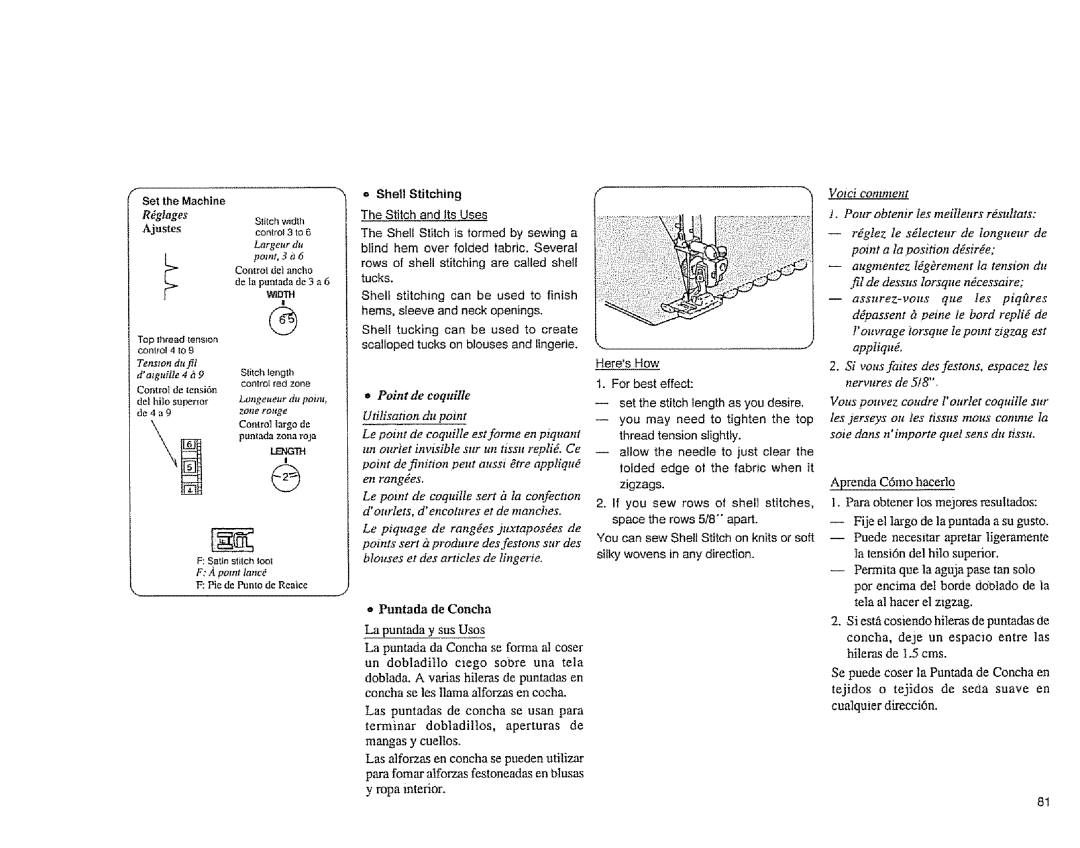 Sears 385.1883 manual Puntada de Concha, Ajustes, = Shell Stitching 