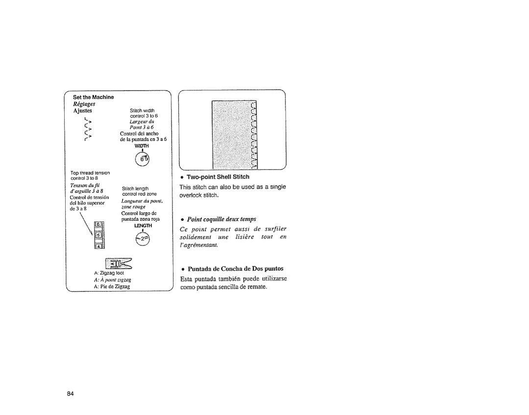 Sears 385.1883 Two-point Shell Stitch, This stitch can also be used as a singie overlock stitch, Point coqui!le deux temps 