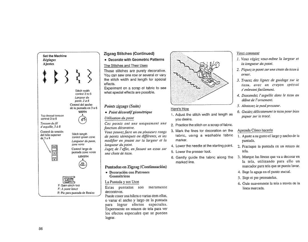 Sears 385.1883 manual Control de aneho, Pie para pumada de Realee, Points zigzags Suite 