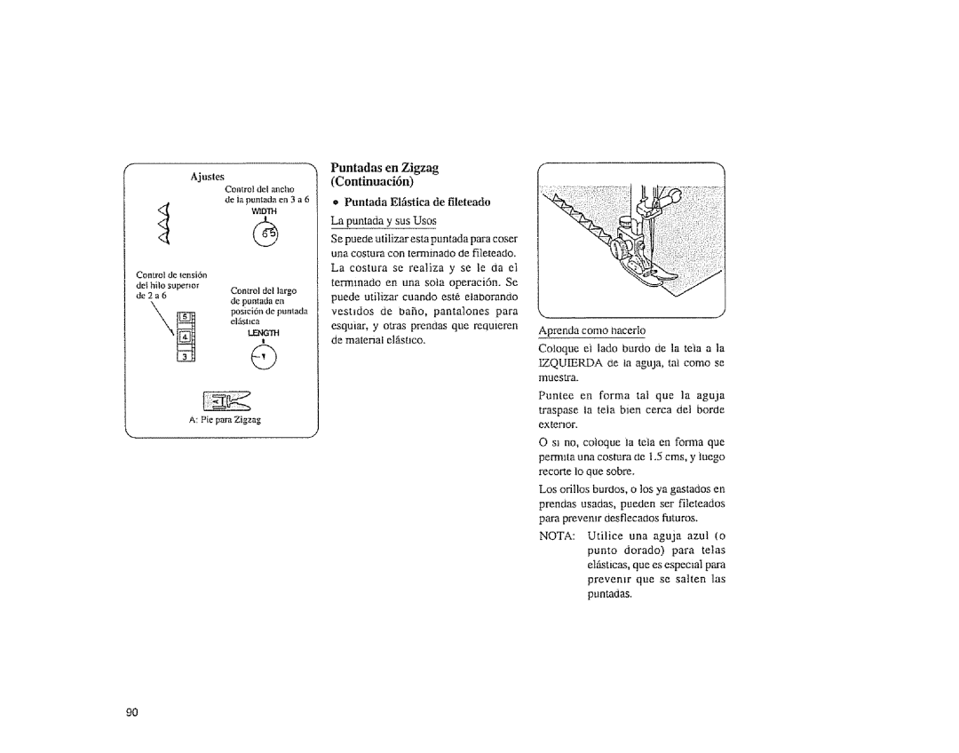 Sears 385.1883 manual Ajustes, Puntadas en Zigzag, Continuaci6n, Puntada Elfistica de fileteado 