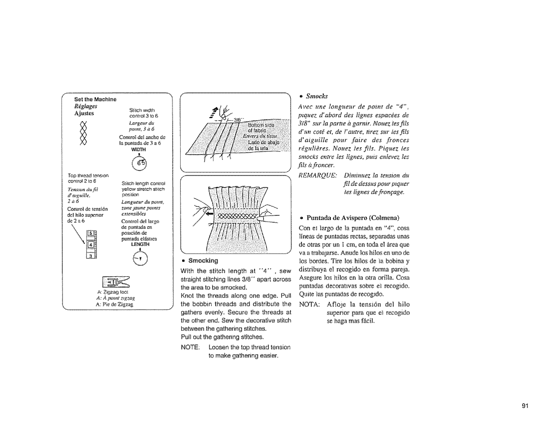 Sears 385.1883 manual Puntada de Avispero Colmena, @iages, WlDTH, Smocks, Control de largo 