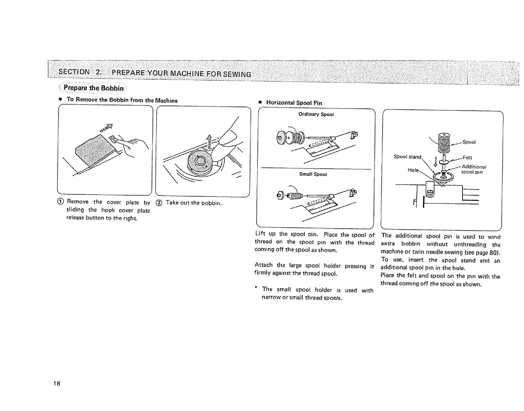 Sears 385.1915 owner manual To Remove the Bobbin from the Machine, Horizontal Spool Pin Ordinary Spool 