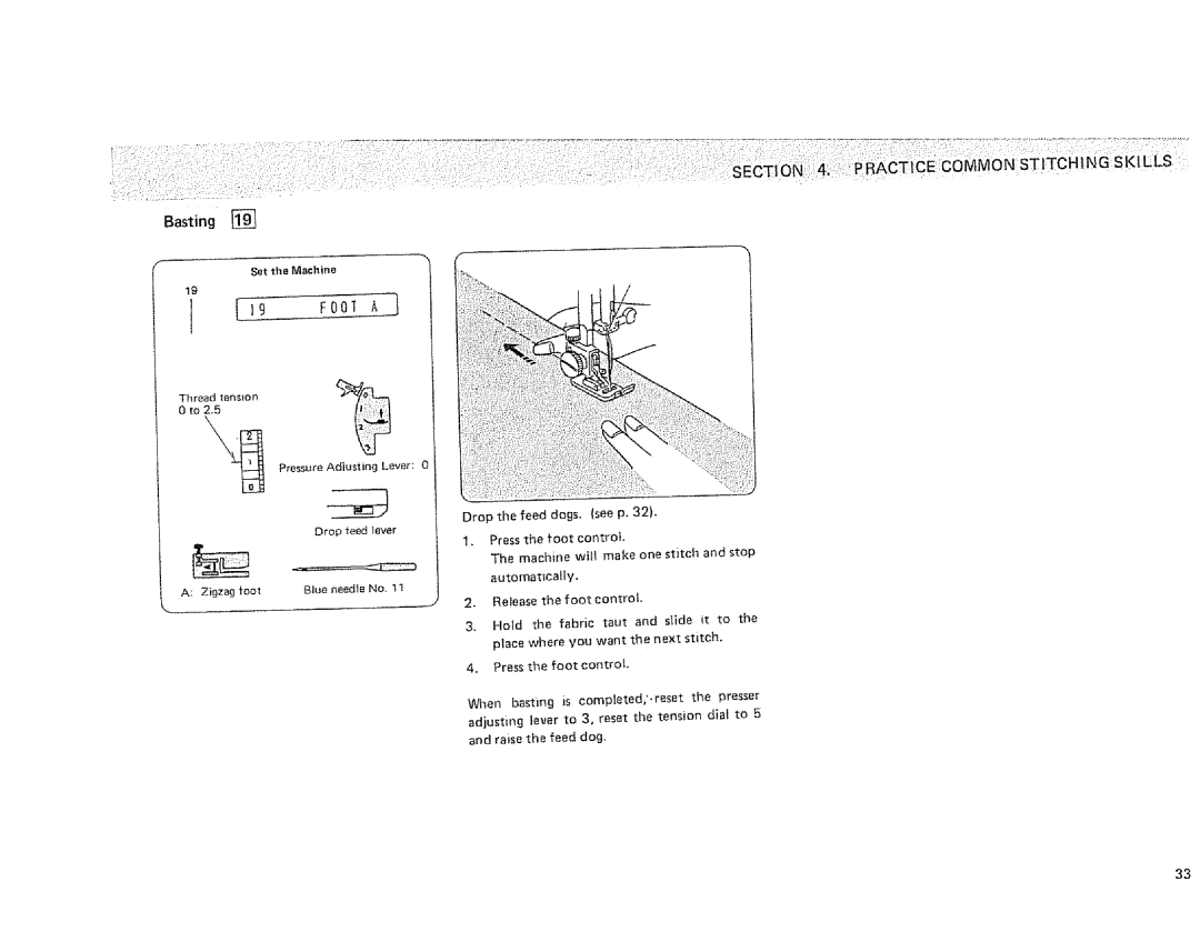 Sears 385.1915 owner manual Basting, ICTICE Commonstitching SKI LLS, Sat the Machine 