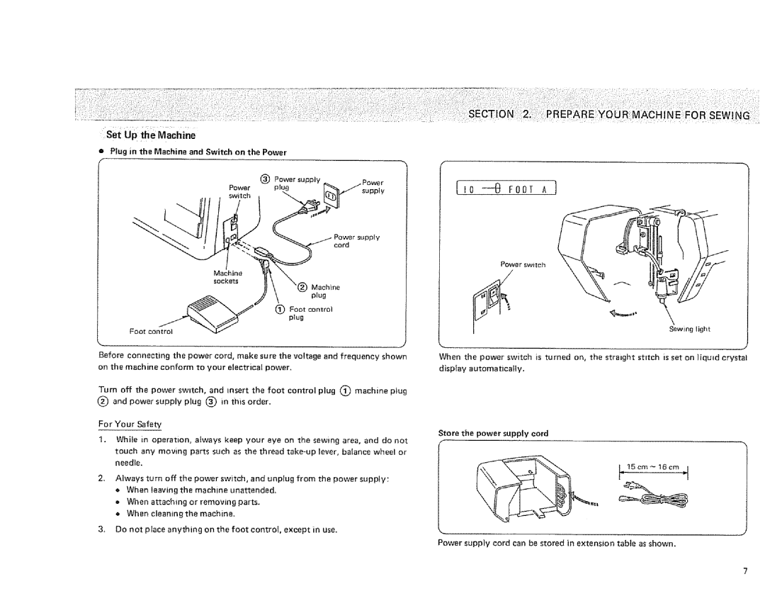 Sears 385.1915 owner manual Set Up the Machine, Plug in the Machine and Switch on the Power, Store the power supply cord 