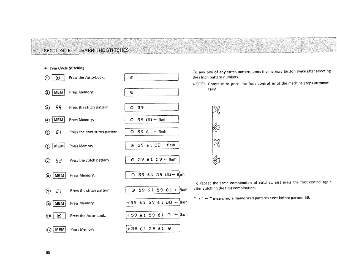 Sears 385.1915 owner manual Pressthe next stitch pattern 6 I w- flash, Two Cycle Stitching, Same combination 