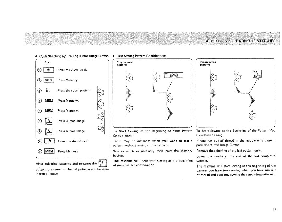 Sears 385.1915 = Test Sewing Pattern Combinations, Cycle Stitching by Pressing Mirror image Button, Step, Press Auto-Lock 