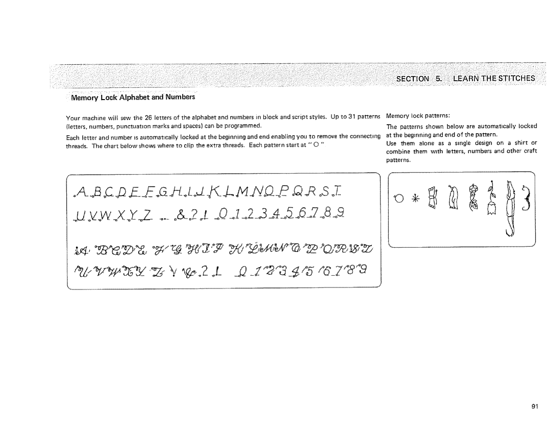 Sears 385.1915 owner manual Memory Lock Alphabet and Numbers, Memory lock patterns 