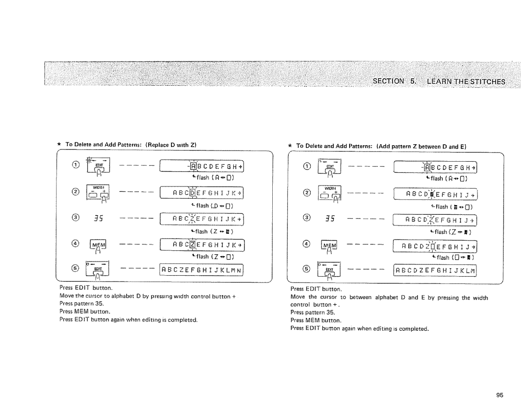 Sears 385.1915 owner manual To Delete and Add Patterns Add pattern Z between D and E, +-flash 