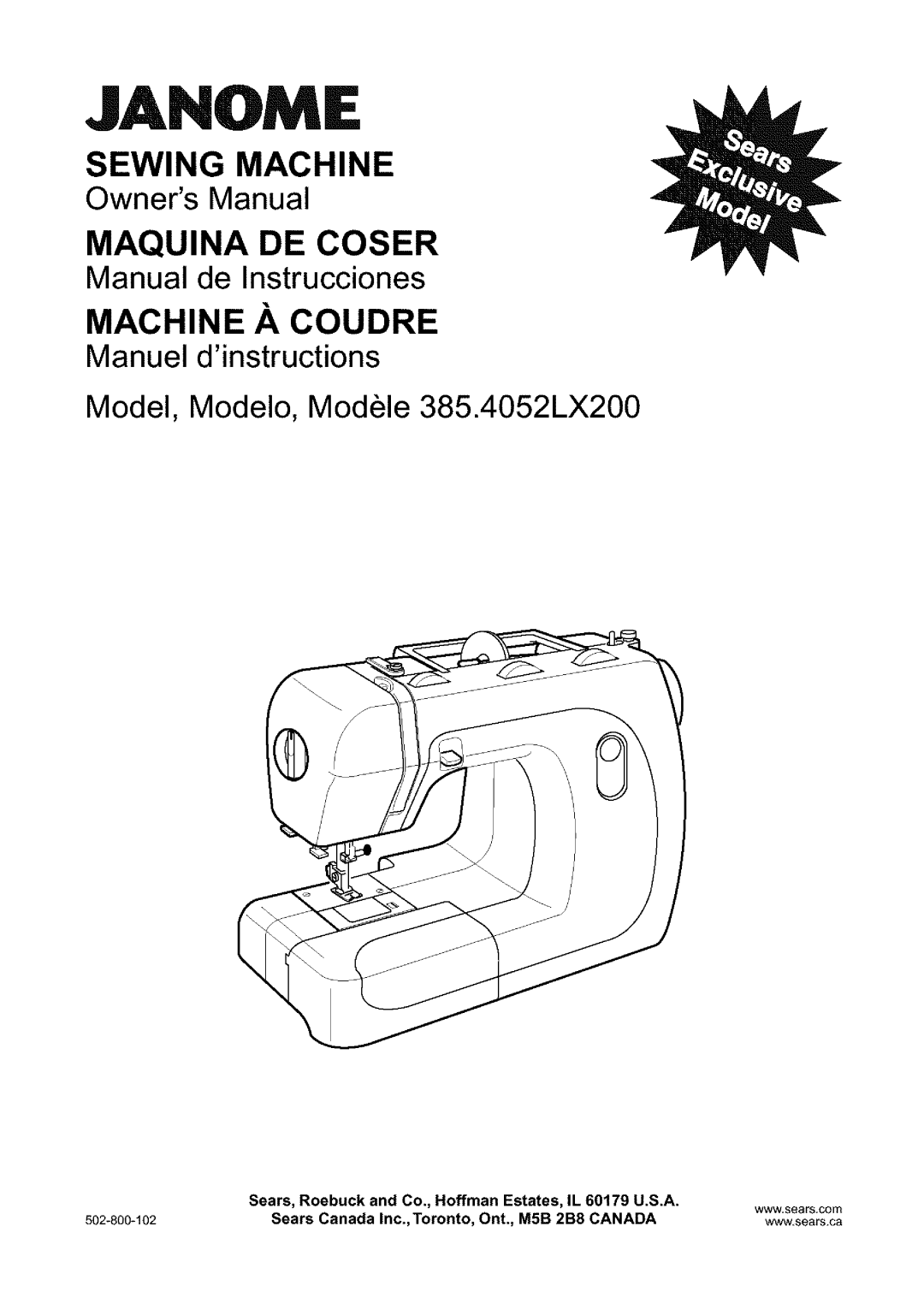 Sears 385.4052LX200 owner manual Janome, Sears, Roebuck and Co., Hoffman Estates, IL 60179 U.S.A 