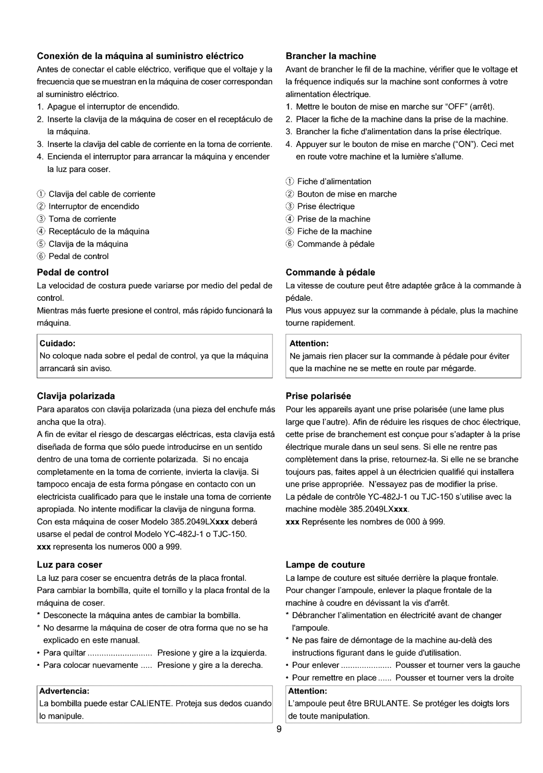 Sears 385.4052LX200 Conexibn de la mbquina al suministro eldctrico, Pedal de control, Clavija polarizada, Luz para coser 