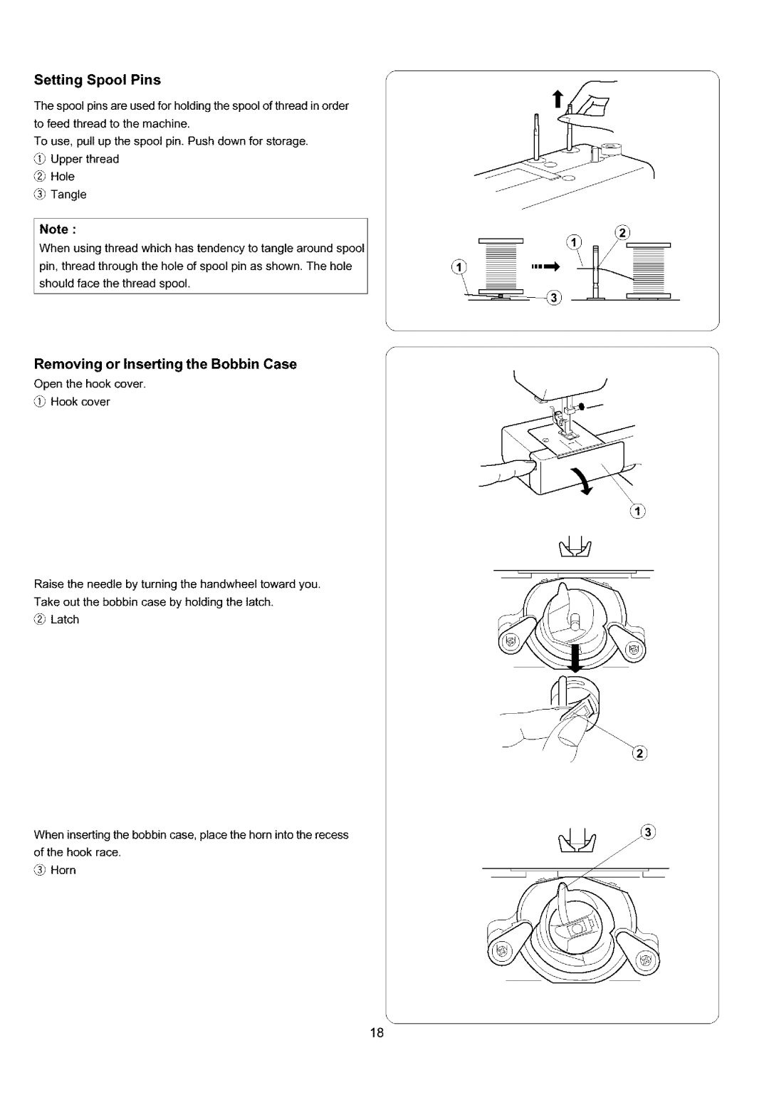 Sears 385.4052LX200 owner manual Setting Spool Pins, Removing or Inserting the Bobbin Case 