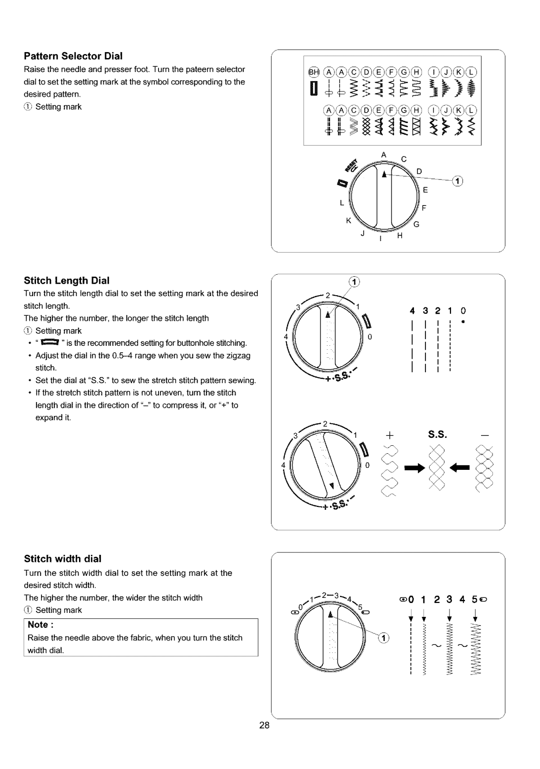 Sears 385.4052LX200 owner manual Stitch Length Dial, 2345, Pattern Selector Dial, Stitch width dial 