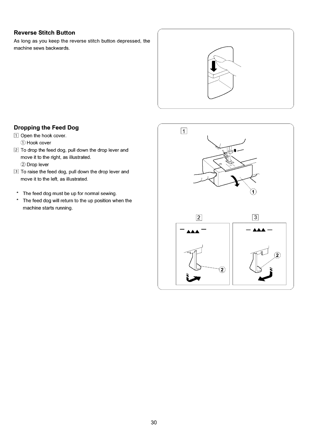 Sears 385.4052LX200 owner manual Reverse Stitch Button, Dropping the Feed Dog 