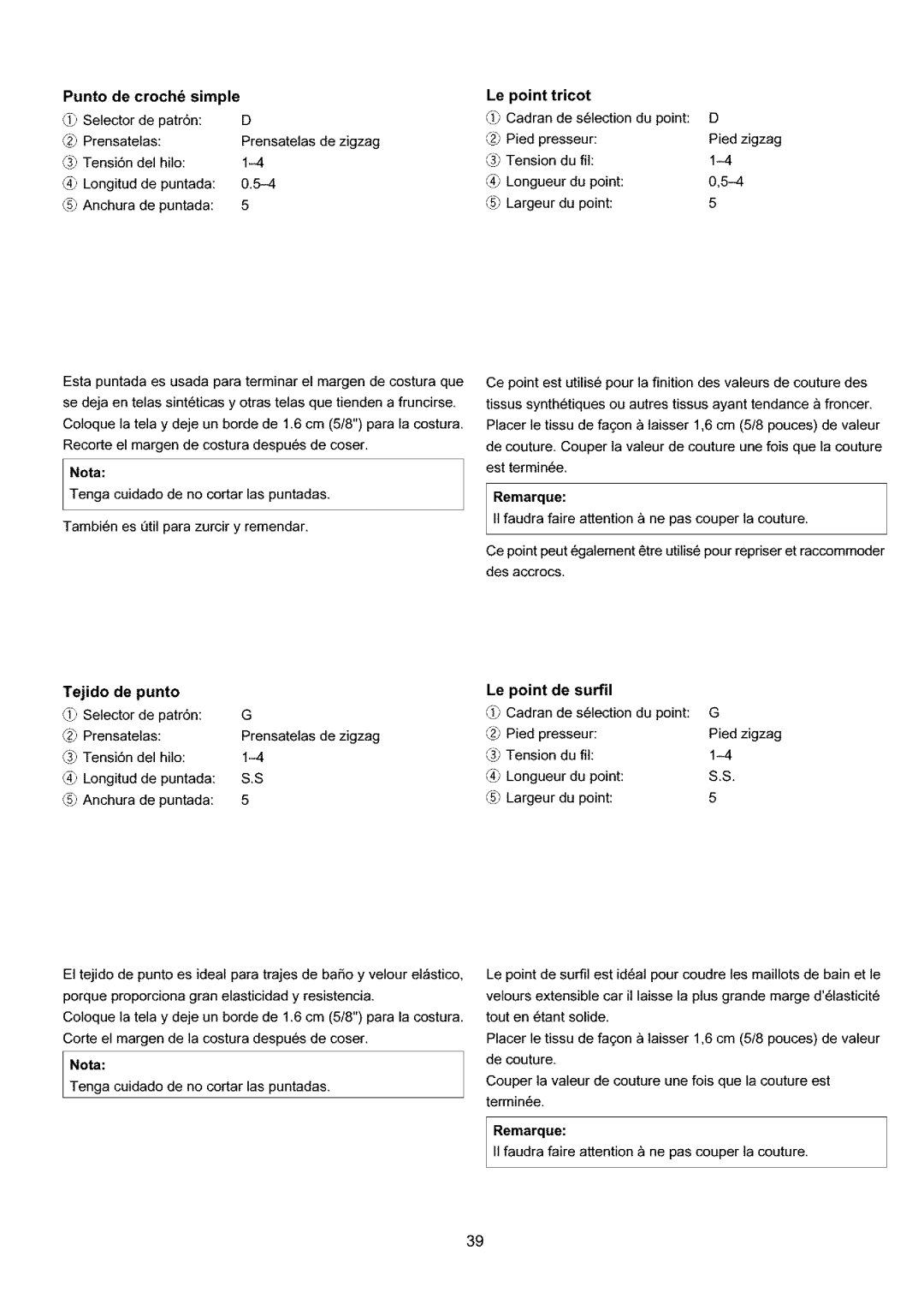 Sears 385.4052LX200 owner manual Punto de croch simple, Le point Tricot, Tejido de Punto, Le point De surfil 