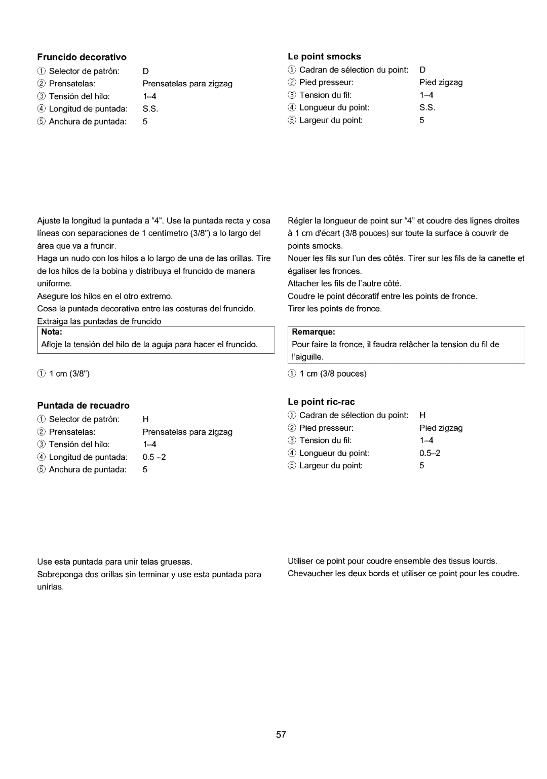 Sears 385.4052LX200 owner manual Fruncido Decorativo, Puntada De recuadro, Le point smocks, Du point, Le point ric-rac 