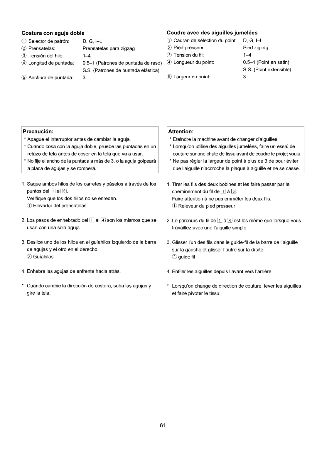 Sears 385.4052LX200 owner manual Costura con aguja doble, Coudre avec des aiguilles jumeles 