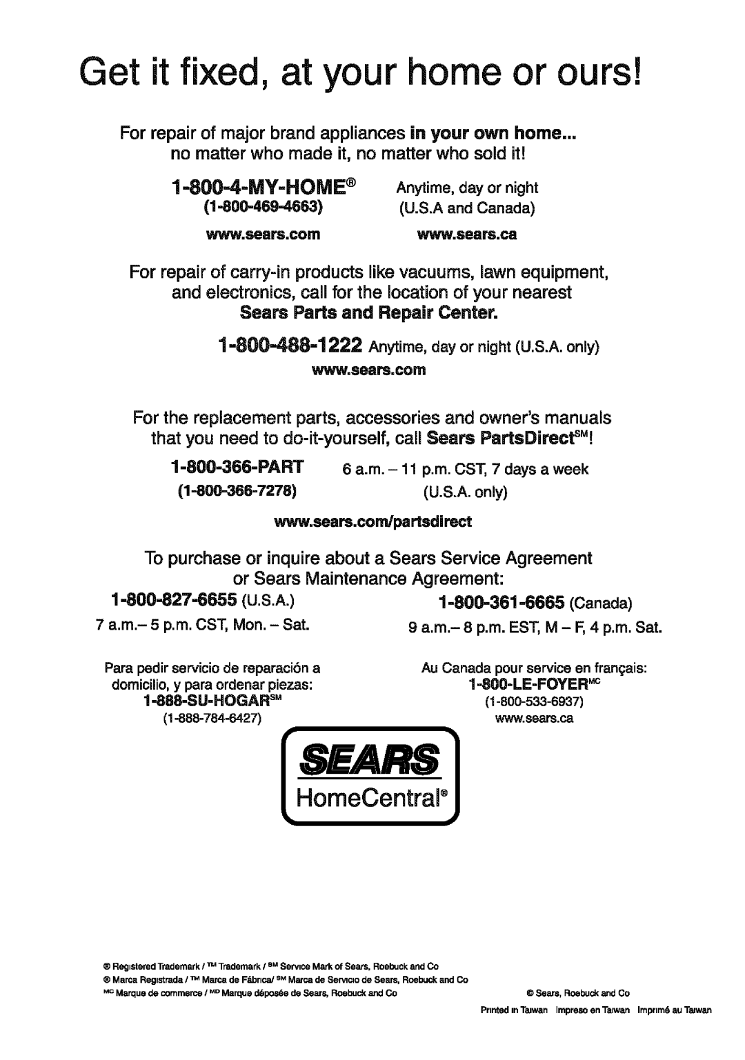 Sears 385.4052LX200 owner manual Get it fixed, at your home or ours, WWW, SGarS,COrIII 